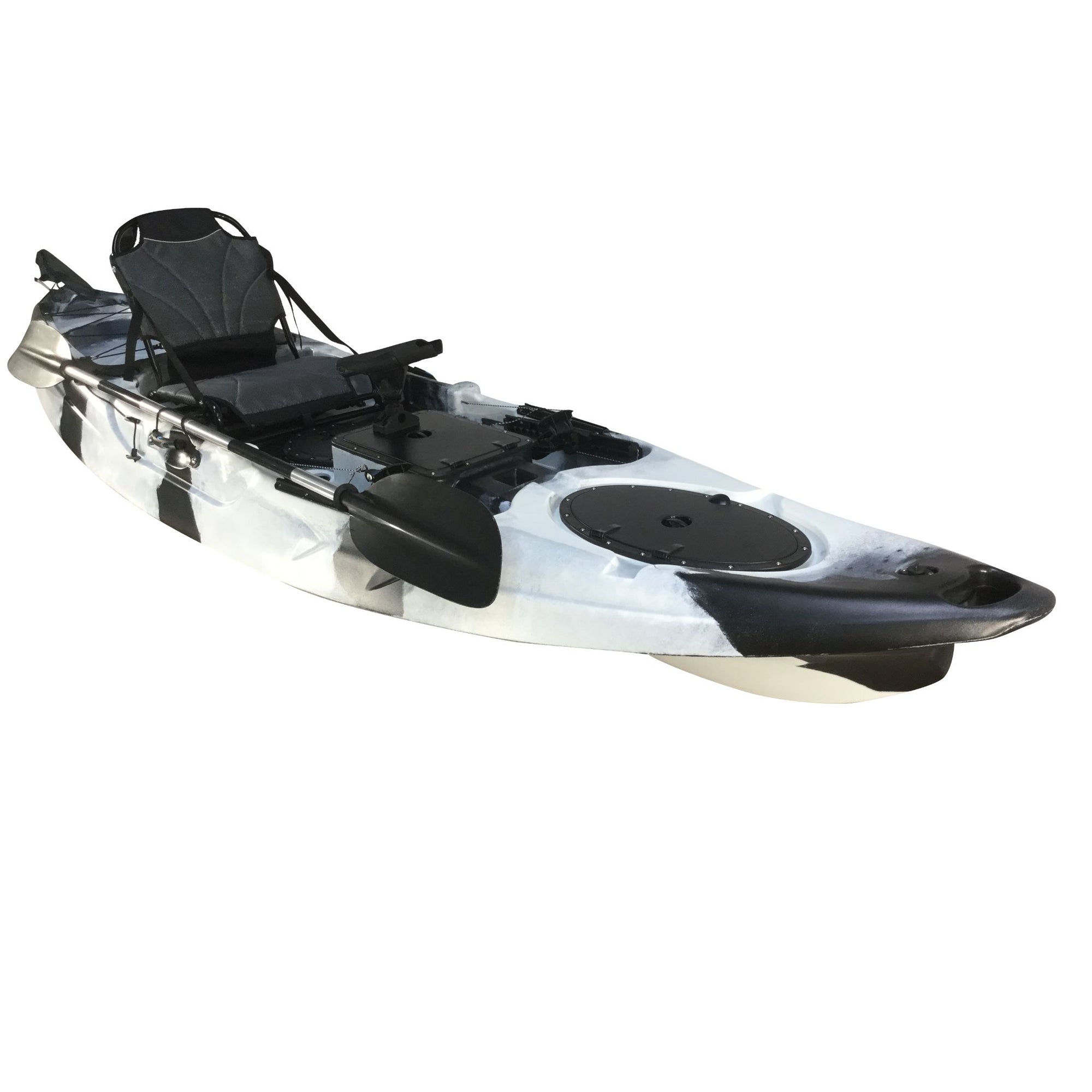 Cambridge Kayaks Barracuda Premium Fishing Kayak in black and white shown in a hero angle with deluxe aluminium seat, rod holders, and rear bungee storage for UK anglers.