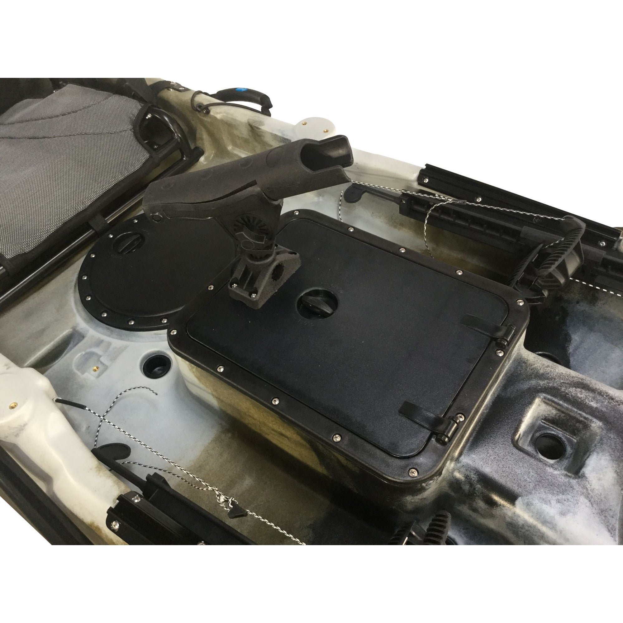 Cambridge Kayaks Barracuda Premium Fishing Kayak in jungle camo colour shown from front view highlighting sturdy hull and rod mounts.