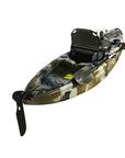 Deck close-up of Cambridge Kayaks Barracuda jungle camo showing rod holders and accessory mounts for anglers.