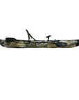 Detail photo of Cambridge Kayaks Barracuda jungle camo center hatch with watertight seal and paddle clip mounts.