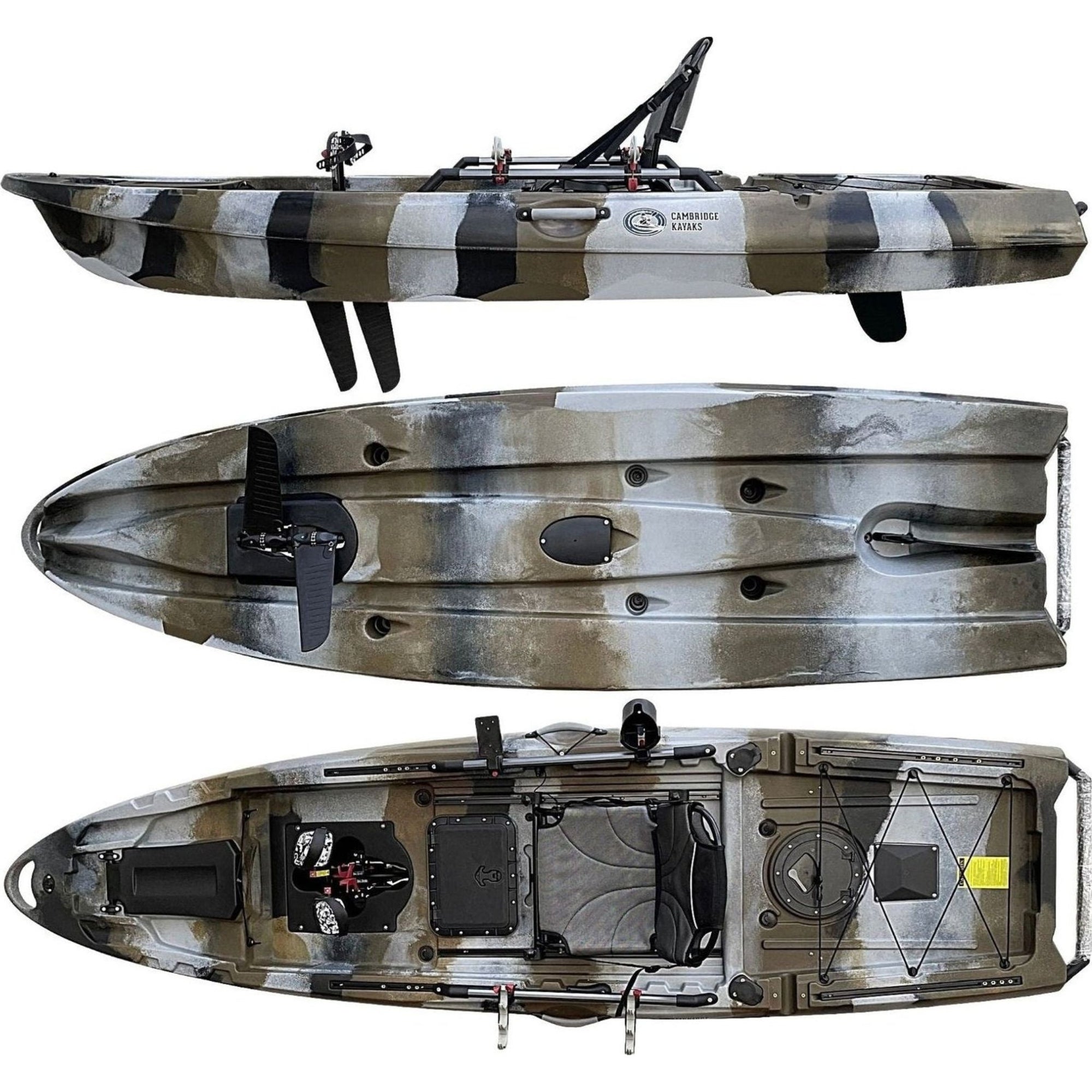 Cambridge Kayaks Big Catch 10.5ft Pedal Fishing Kayak in desert camo. Designed for serious anglers seeking balance, speed, and hands-free control with integrated pedal drive.