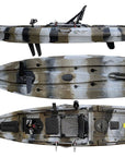 Cambridge Kayaks Big Catch 10.5ft Pedal Fishing Kayak in desert camo. Designed for serious anglers seeking balance, speed, and hands-free control with integrated pedal drive.