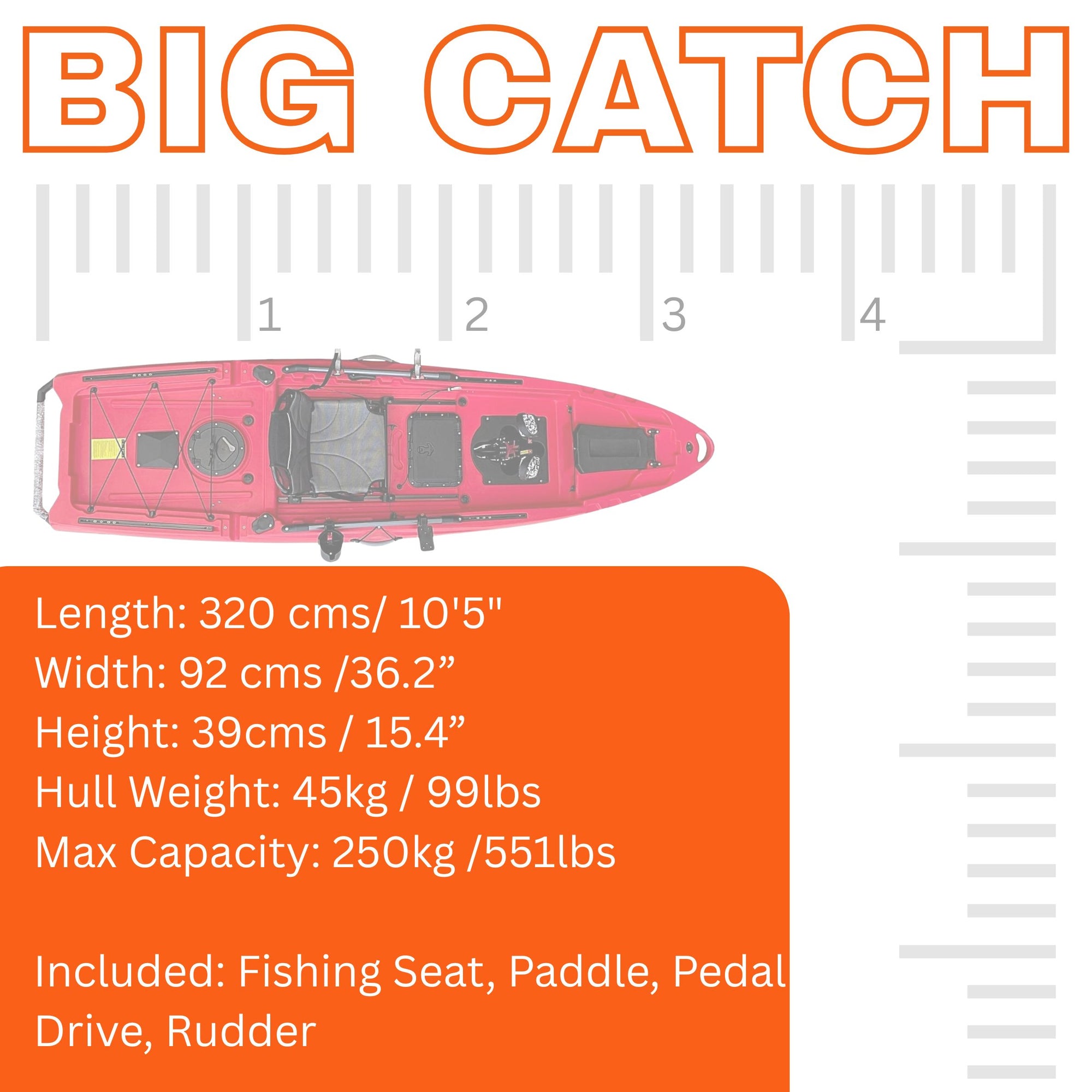 Dimensions diagram of the Cambridge Kayaks Big Catch 10.5ft Pedal Fishing Kayak showing length, width, and hull profile for stability comparison.