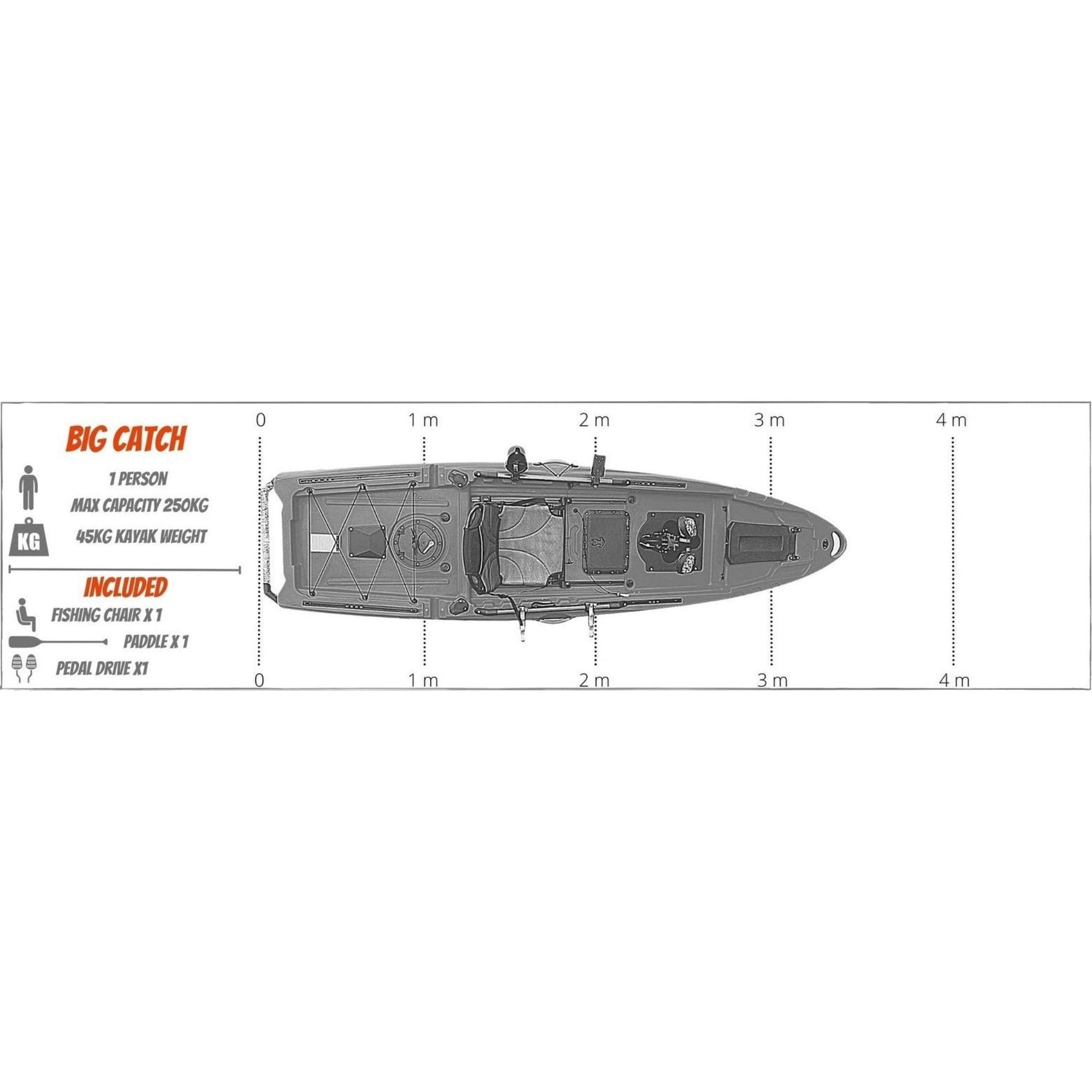 Dimensions diagram of the Cambridge Kayaks Big Catch 10.5ft Pedal Fishing Kayak showing length, width, and hull profile for stability comparison.