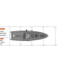 Dimensions diagram of the Cambridge Kayaks Big Catch 10.5ft Pedal Fishing Kayak showing length, width, and hull profile for stability comparison.