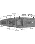 Specifications diagram of the Cambridge Kayaks Big Catch 10.5ft Pedal Fishing Kayak showing seat layout, drive system, and hatch positions.