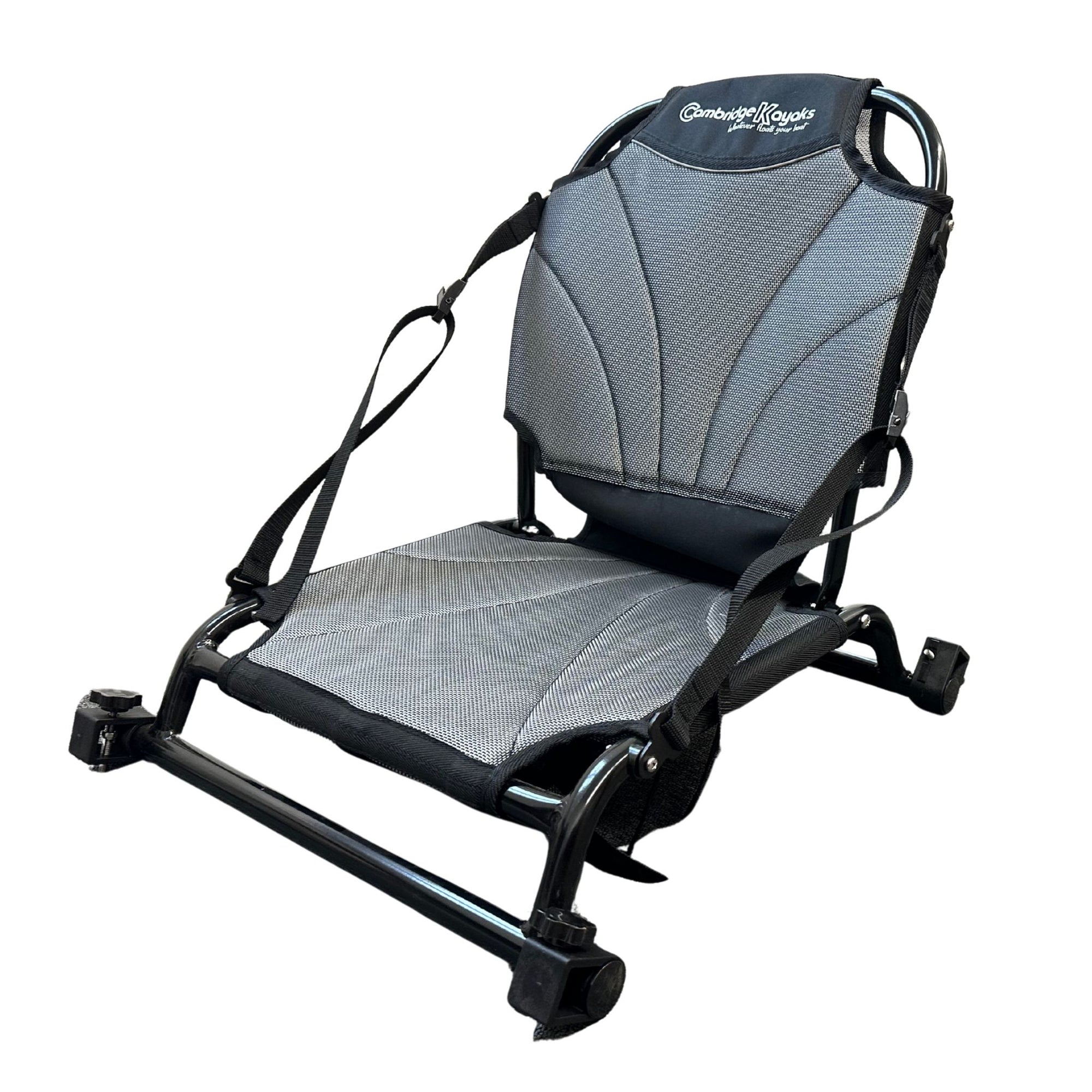 Cambridge Kayaks Big Catch replacement aluminium kayak fishing chair angled front view showing grey mesh seat and backrest.