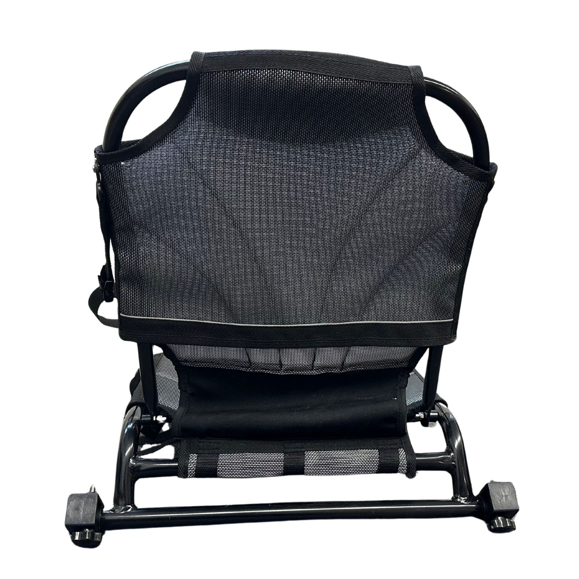 Rear view of the Cambridge Kayaks Big Catch replacement aluminium kayak fishing chair showing mesh back panel and support frame.
