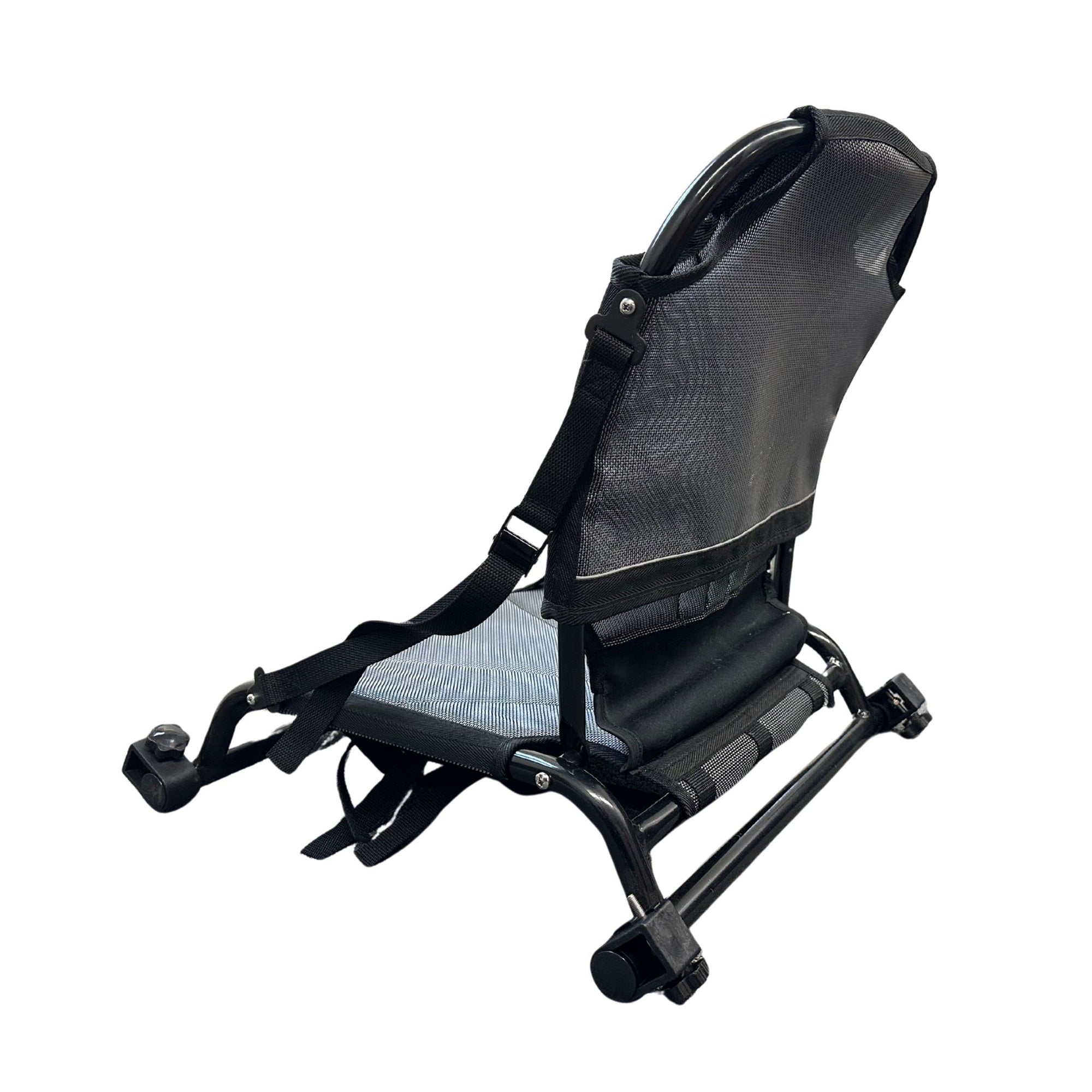 Side view of the Cambridge Kayaks Big Catch replacement aluminium kayak fishing chair showing seat incline and frame detail.