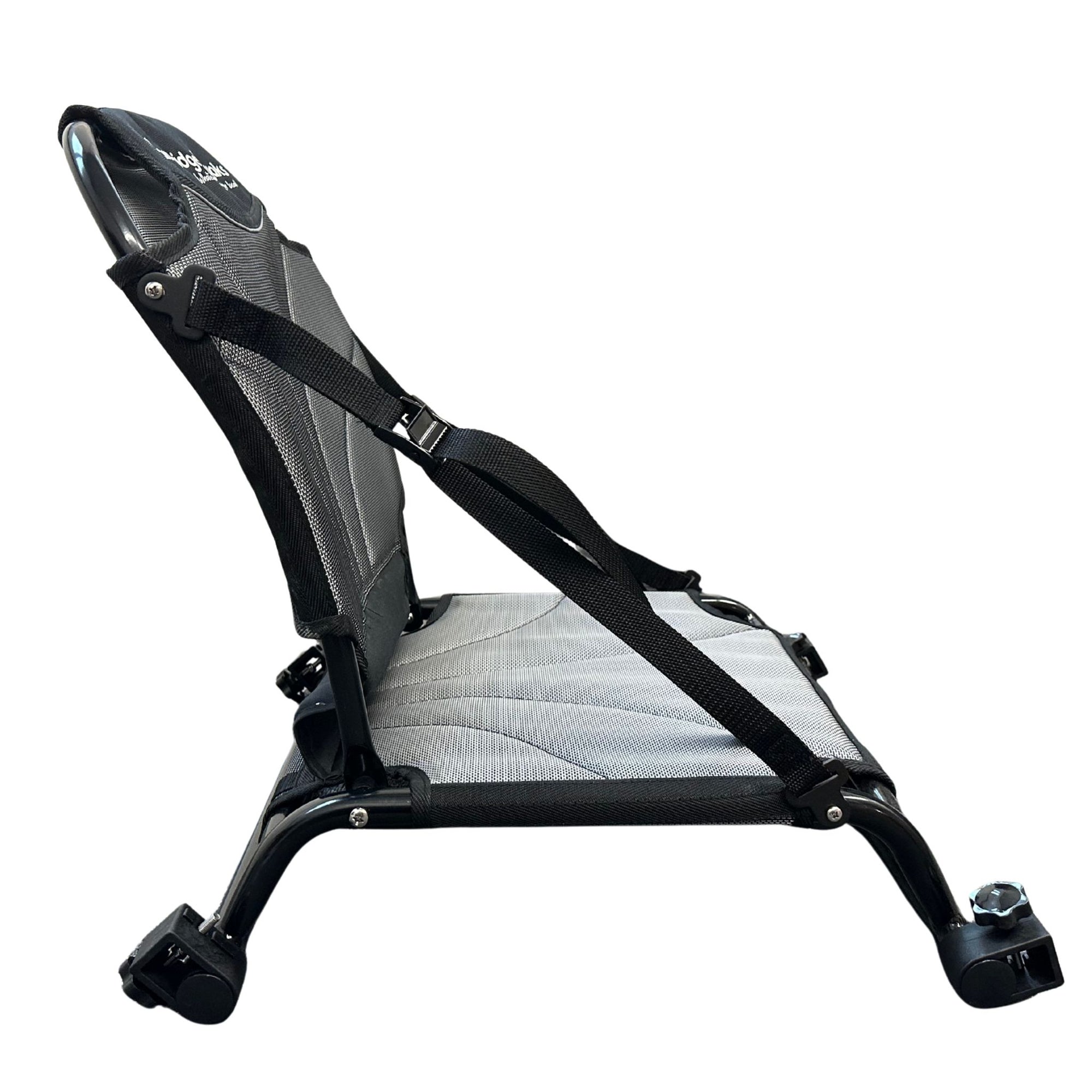 Angled side view of the Cambridge Kayaks Big Catch replacement aluminium kayak fishing chair showing backrest angle and frame base.