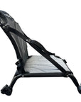Angled side view of the Cambridge Kayaks Big Catch replacement aluminium kayak fishing chair showing backrest angle and frame base.