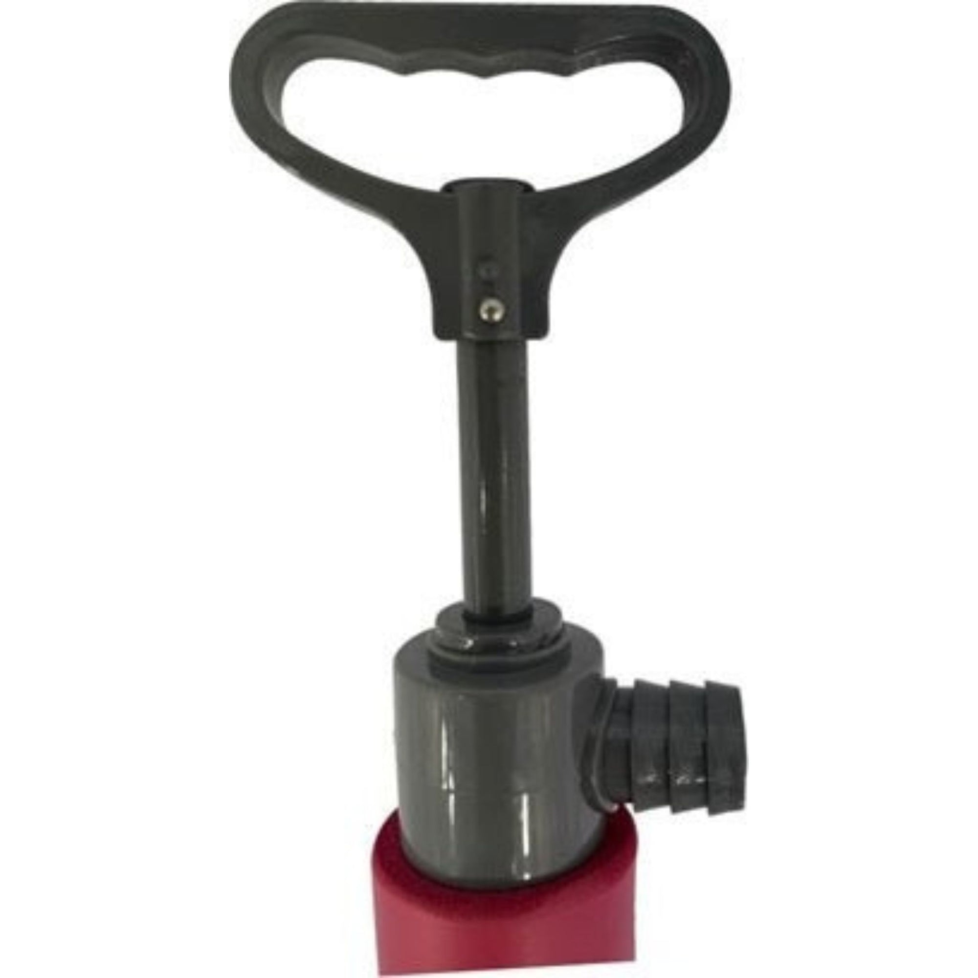 Top-down view of the Cambridge Kayaks bilge pump handle and outlet nozzle, showing ergonomic grip design.