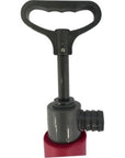 Top-down view of the Cambridge Kayaks bilge pump handle and outlet nozzle, showing ergonomic grip design.