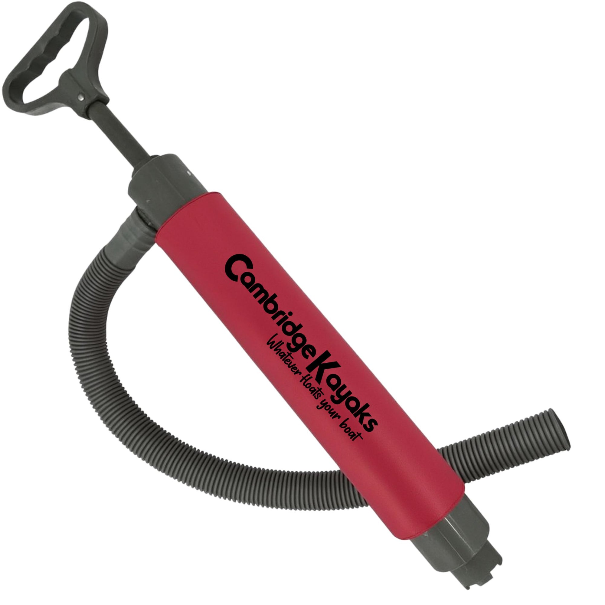 Side view of the Cambridge Kayaks bilge pump showing red cylinder body, grey handle, and detachable hose connection.