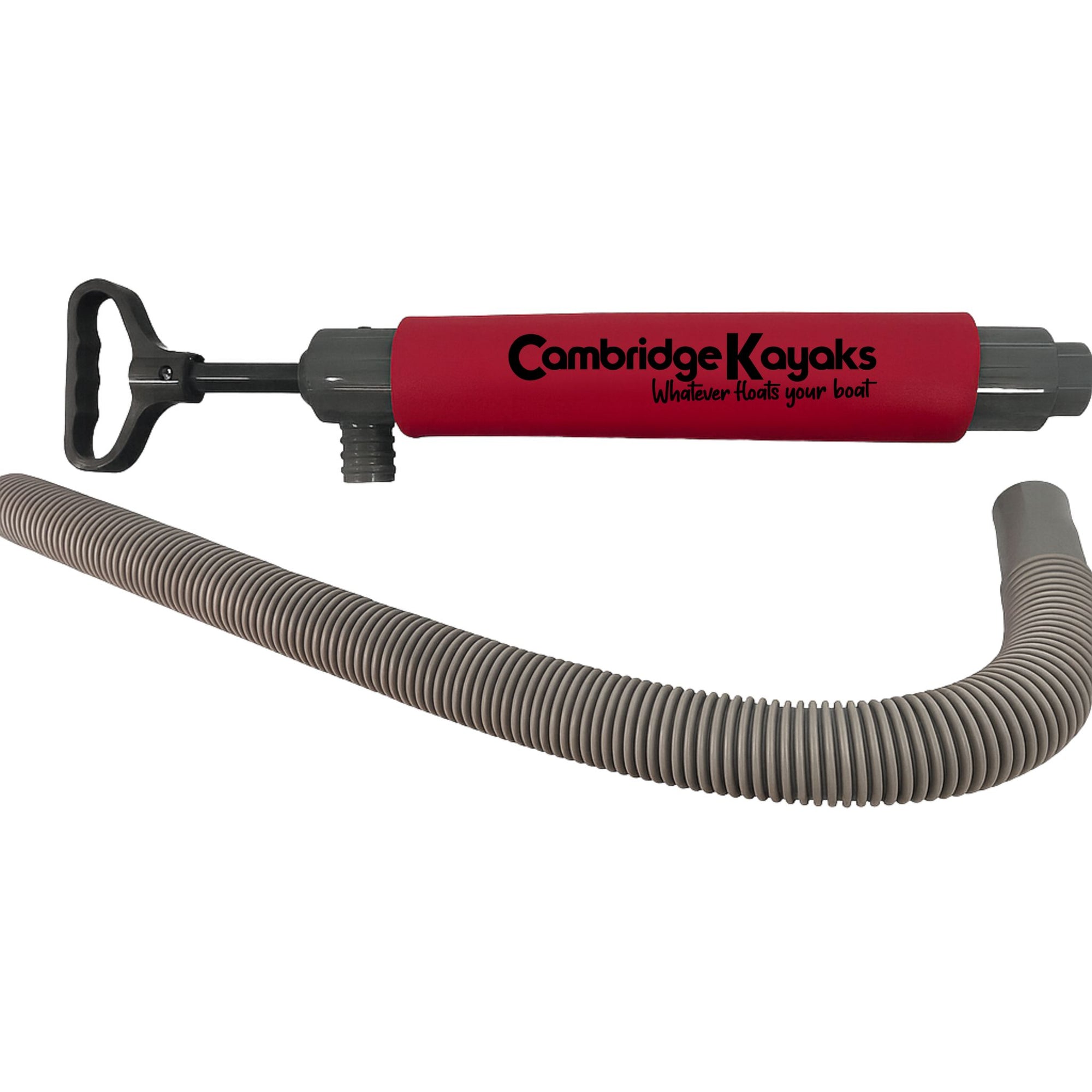 Cambridge Kayaks manual bilge pump in red with attached grey flexible drainage hose, designed for kayak water removal.