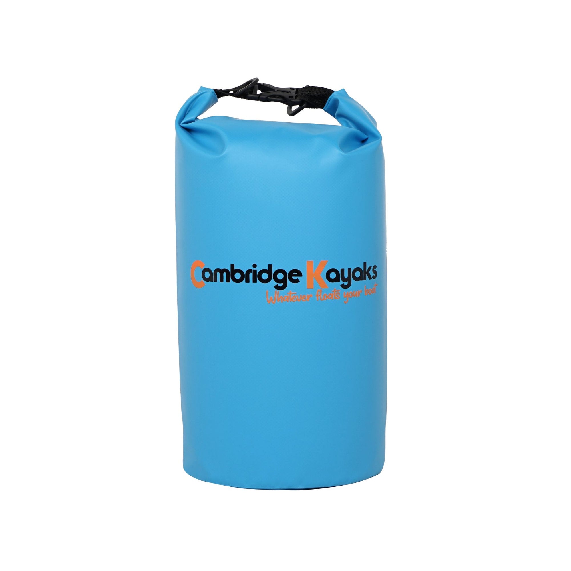 Single blue 20-litre Cambridge Kayaks waterproof dry bag shown upright with a secure roll-top closure and black buckle fastening. Constructed from durable PVC tarpaulin, this bag keeps valuables protected from splashes, rain, and sand during kayaking, sailing, and beach trips.