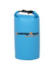 Single blue 20-litre Cambridge Kayaks waterproof dry bag shown upright with a secure roll-top closure and black buckle fastening. Constructed from durable PVC tarpaulin, this bag keeps valuables protected from splashes, rain, and sand during kayaking, sailing, and beach trips.