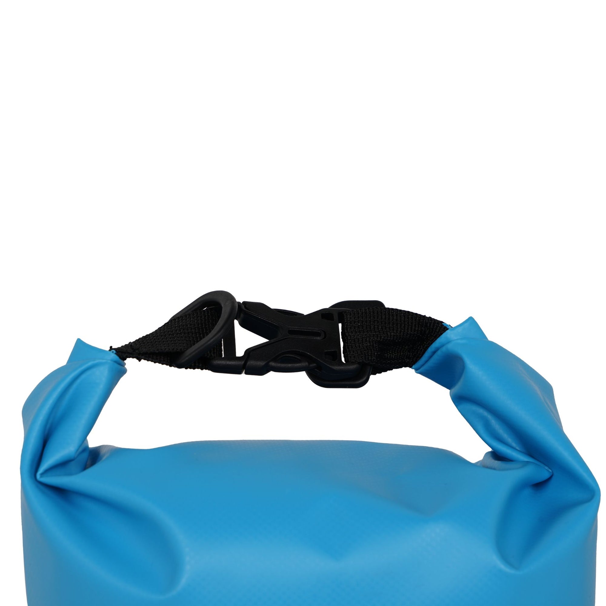 Close-up of blue Cambridge Kayaks waterproof dry bag roll-top, showing buckle clip, folded waterproof seal, and durable welded seams for total gear protection on the water.