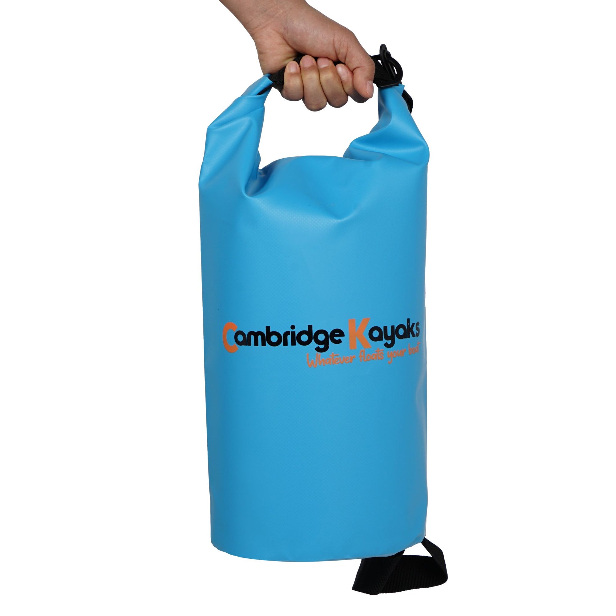 Single blue Cambridge Kayaks waterproof dry bag with carry strap, shown upright with reinforced PVC and watertight roll-top buckle system for secure storage.
