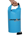 Single blue Cambridge Kayaks waterproof dry bag with carry strap, shown upright with reinforced PVC and watertight roll-top buckle system for secure storage.