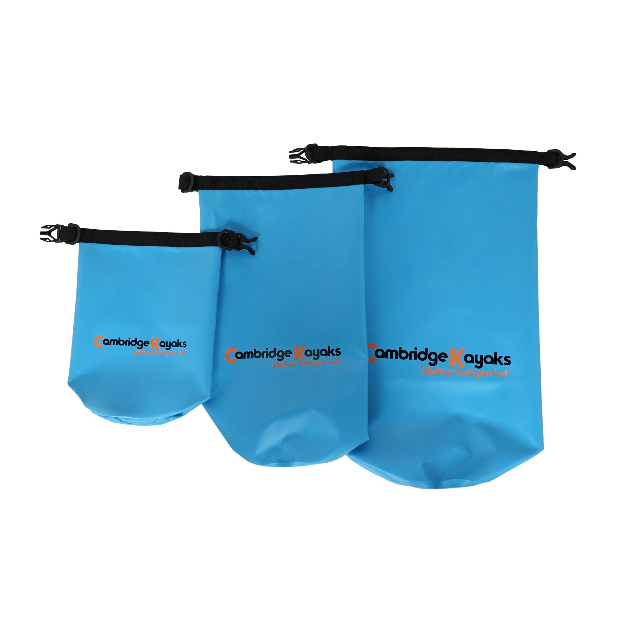 Set of three blue Cambridge Kayaks waterproof dry bags displayed at a different angle, showing their wide base and capacity for kayaking and paddleboarding adventures.