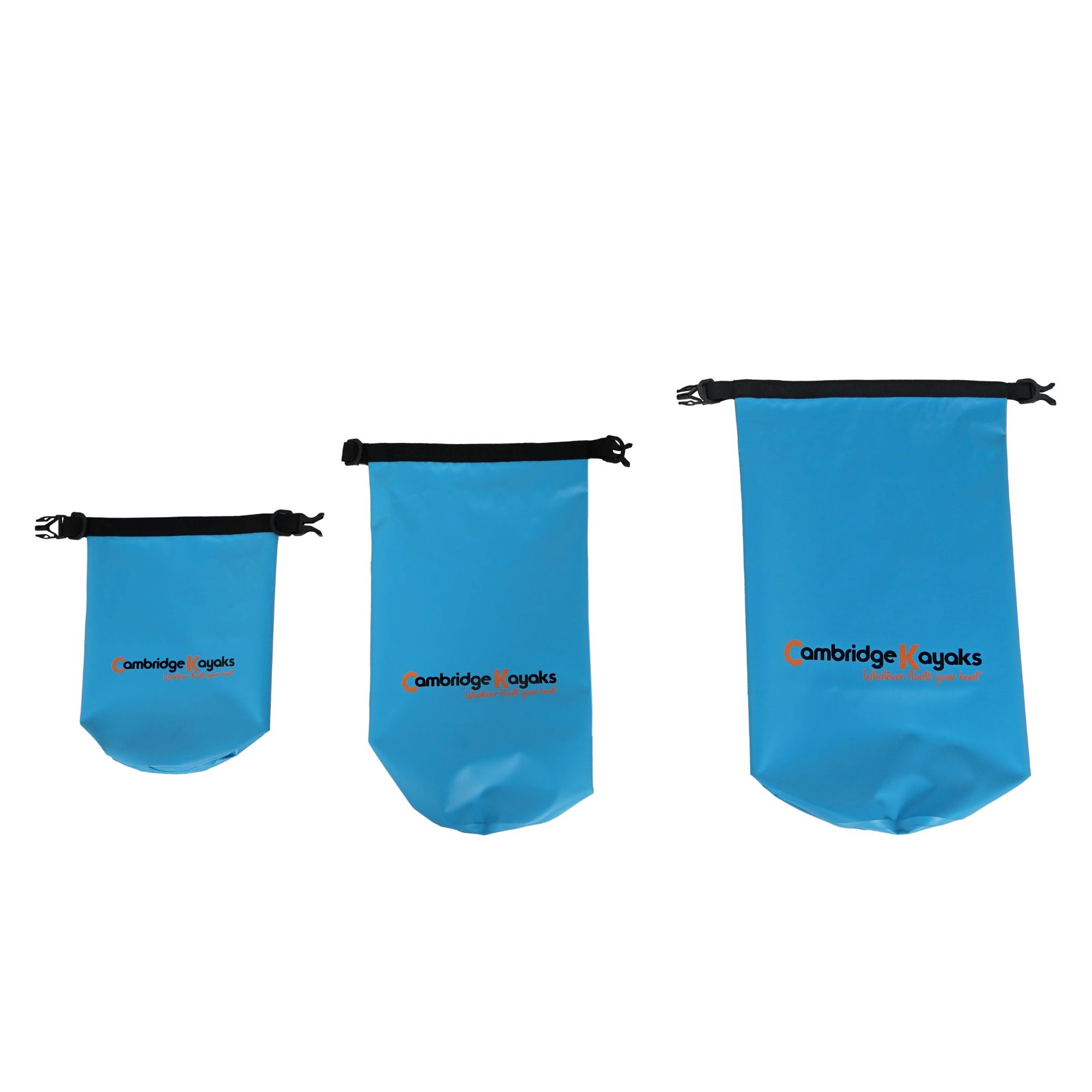Three blue Cambridge Kayaks waterproof dry bags shown from a side angle, highlighting the flexible PVC build and black top buckles for easy roll-top sealing.