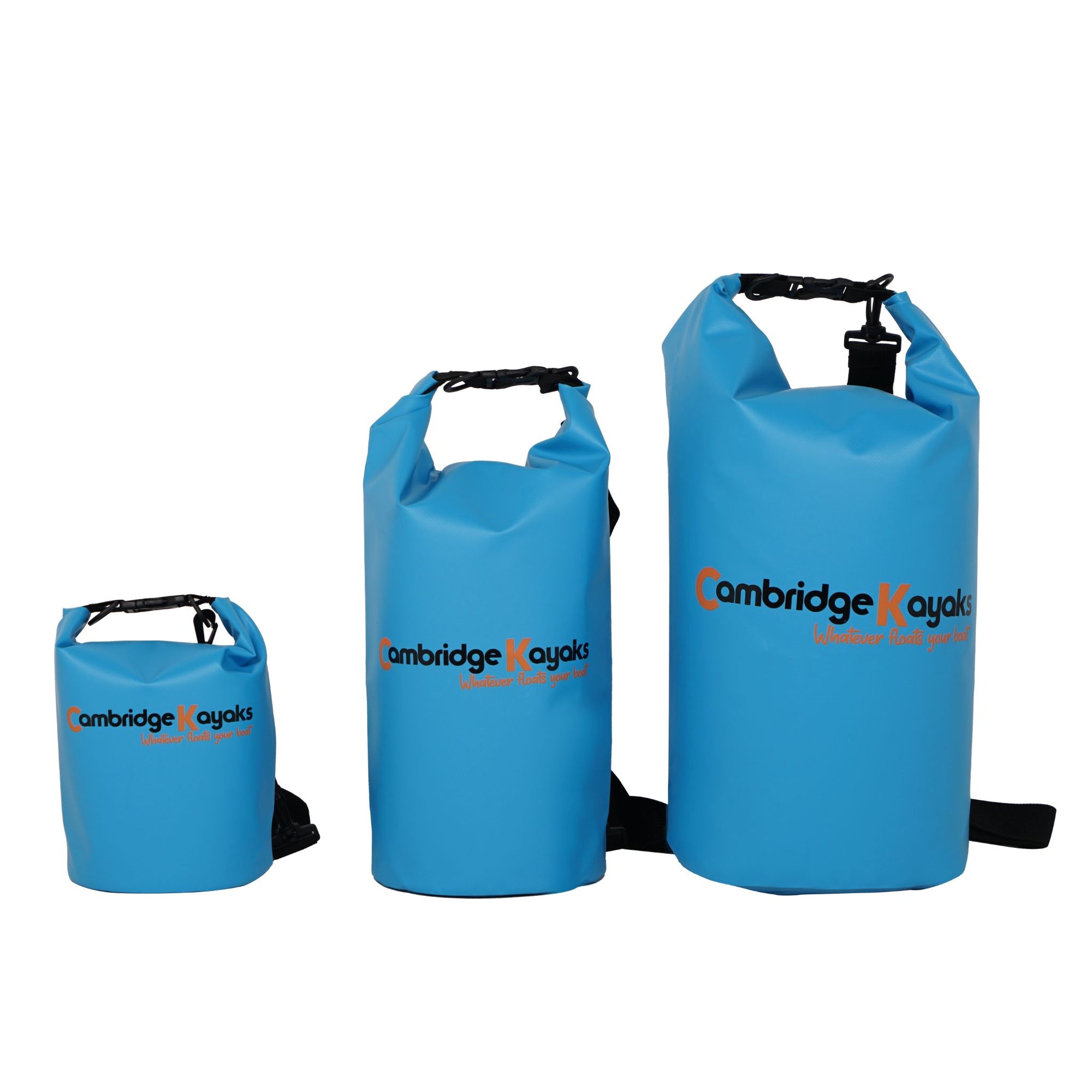 Set of three blue Cambridge Kayaks waterproof dry bags displayed upright in multiple sizes with secure roll-top closures and rugged construction for reliable waterproof performance.