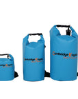 Set of three blue Cambridge Kayaks waterproof dry bags displayed upright in multiple sizes with secure roll-top closures and rugged construction for reliable waterproof performance.