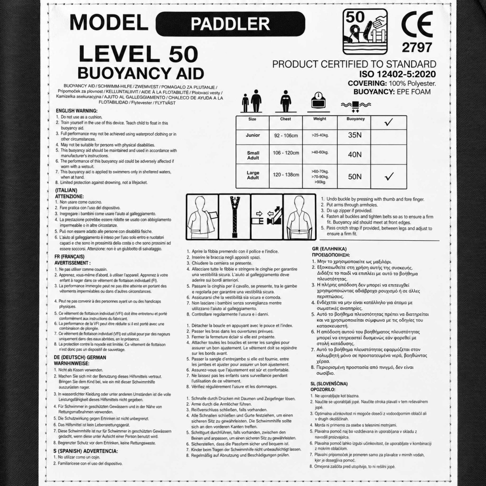 Cambridge Kayaks buoyancy aid size guide and EN ISO 12402-5 certification label