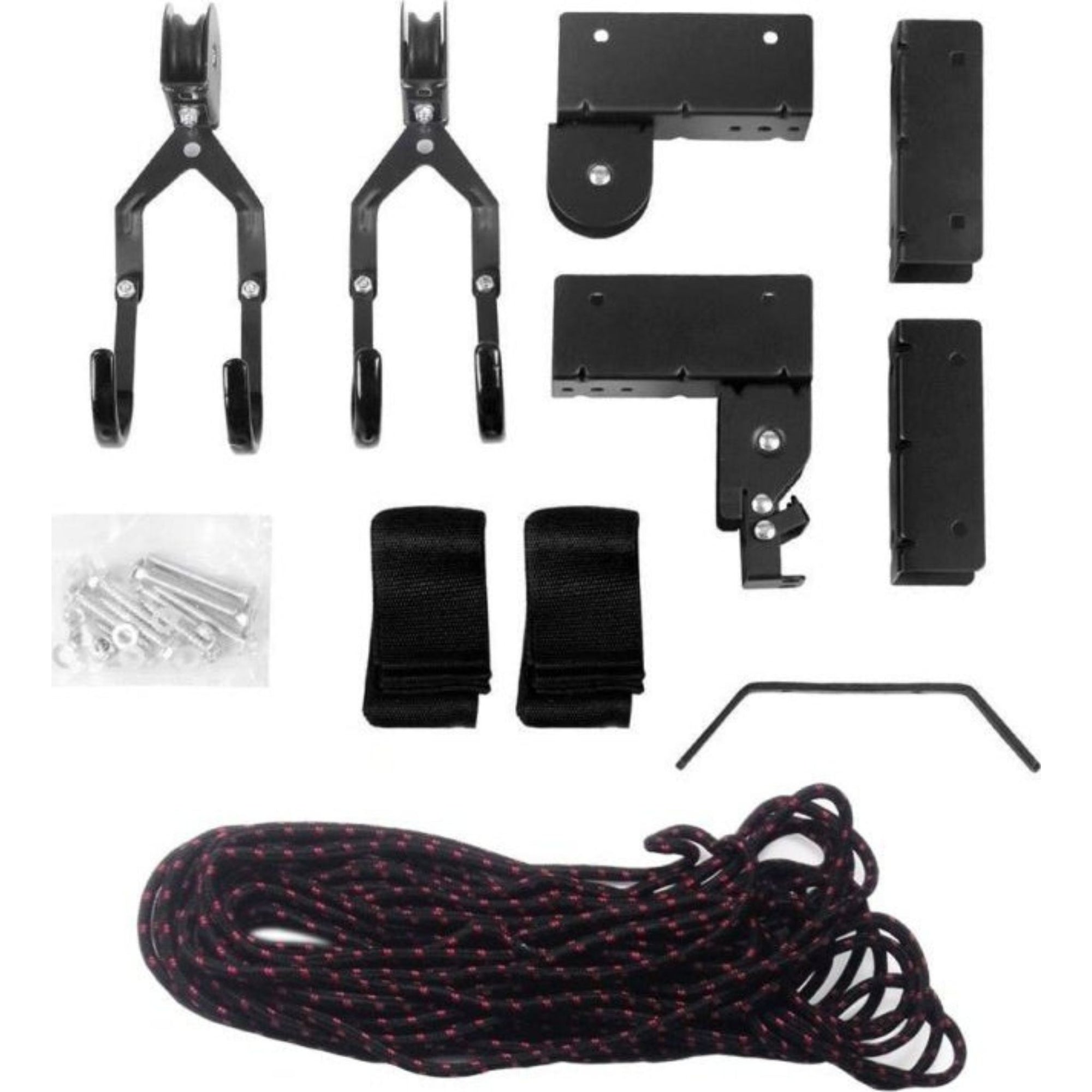 Complete Cambridge Kayaks ceiling hoist kit including pulleys, hooks, mounting brackets, rope, and straps laid out.