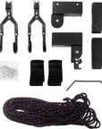 Complete Cambridge Kayaks ceiling hoist kit including pulleys, hooks, mounting brackets, rope, and straps laid out.