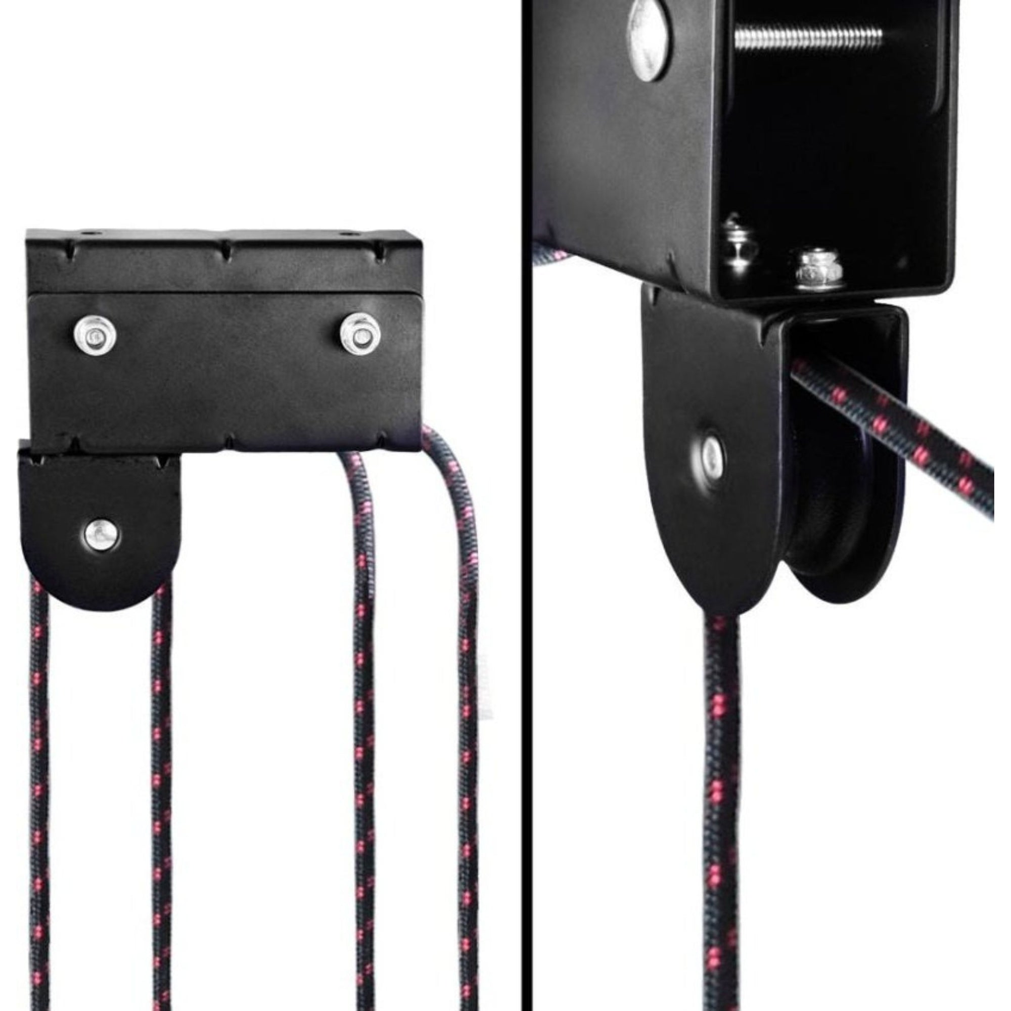 Detailed image of the Cambridge Kayaks ceiling hoist pulley and mounting bracket showing cord alignment and metal fittings.