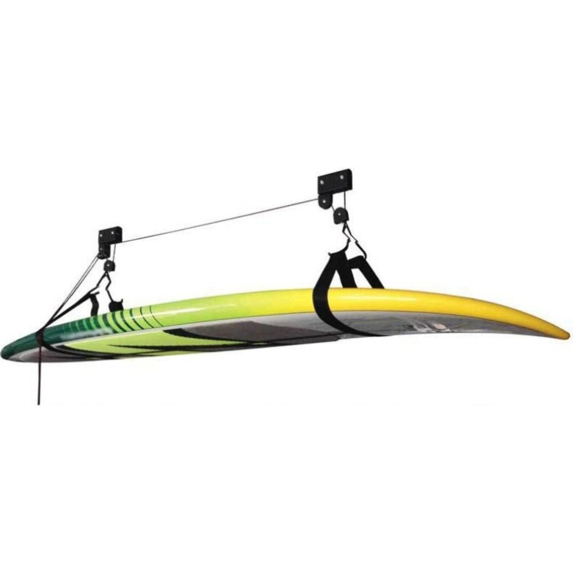 Side view of the Cambridge Kayaks ceiling hoist lifting a green and yellow kayak to show clearance and lifting angle.