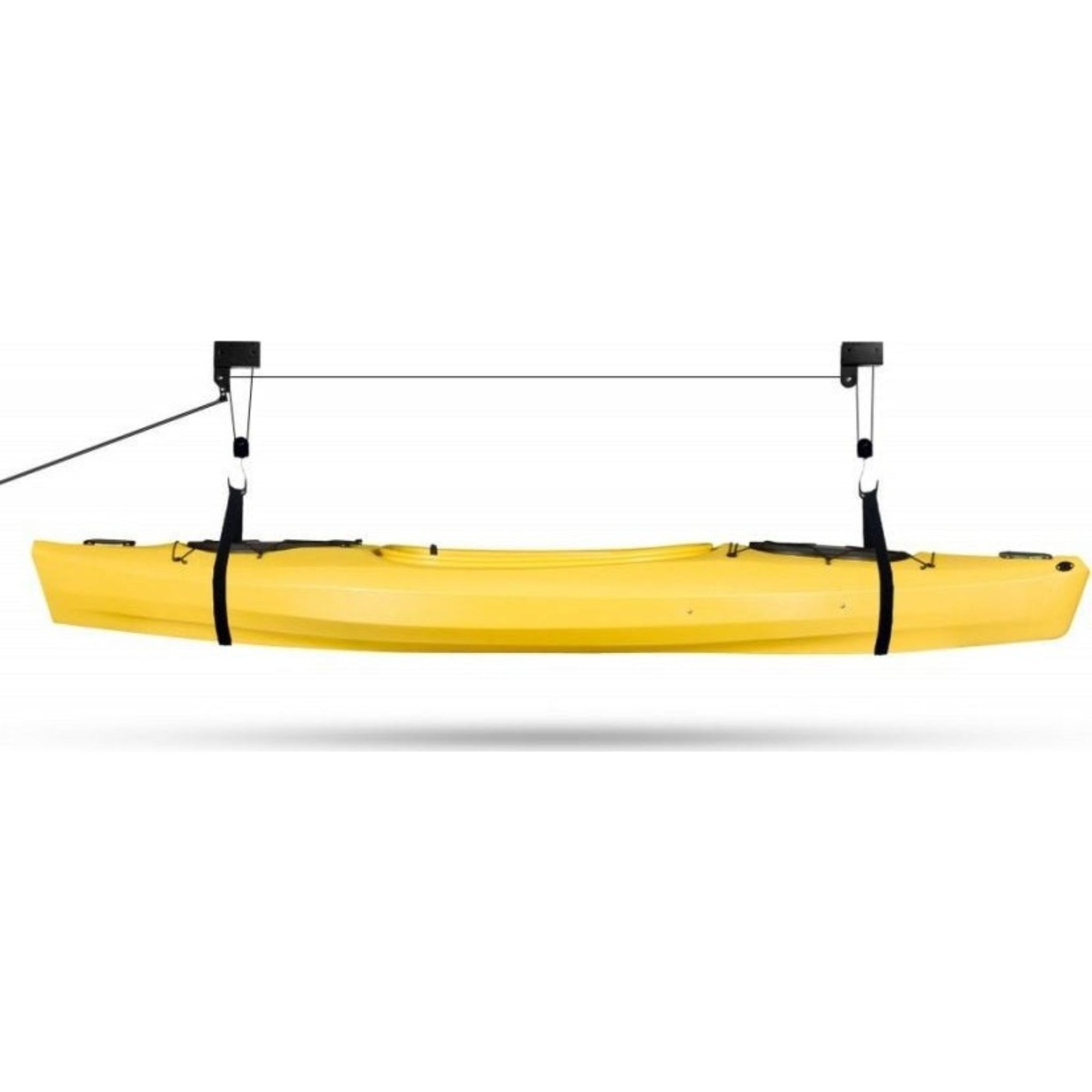 Cambridge Kayaks ceiling hoist system suspending a yellow kayak horizontally with adjustable straps and pulleys.
