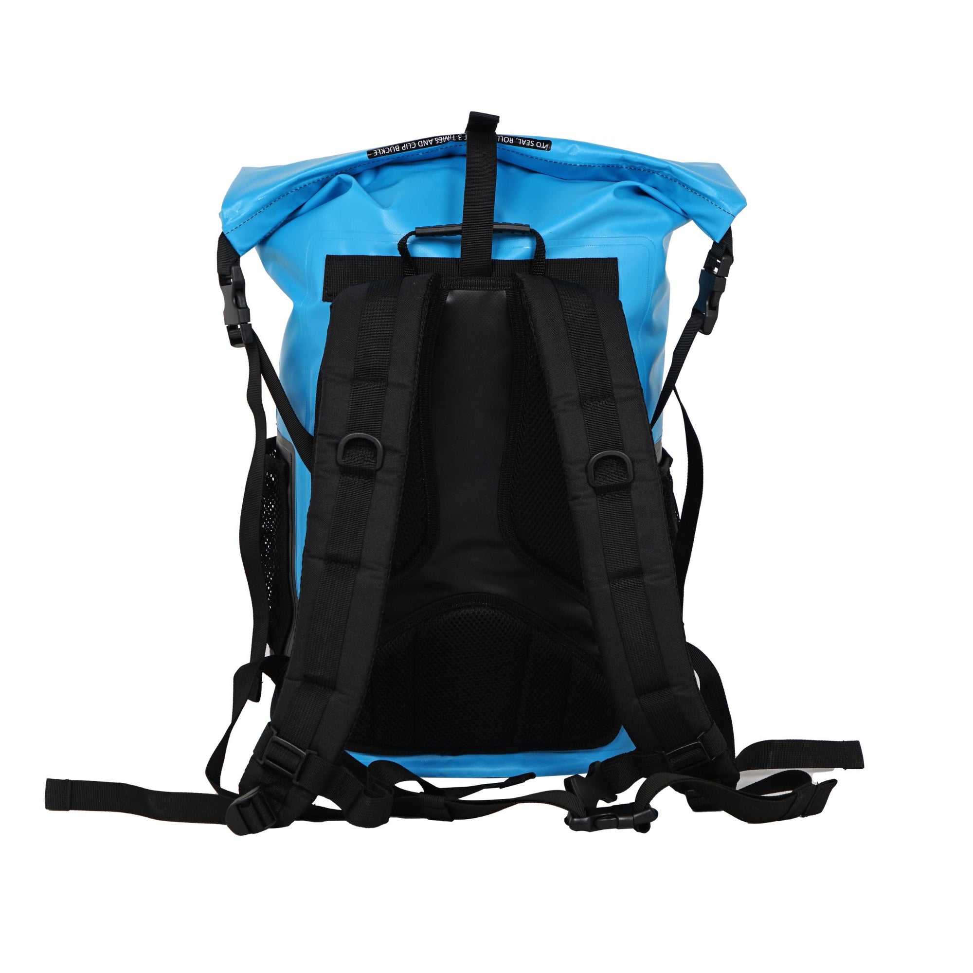 Rear view of the Cambridge Kayaks cooler dry bag with adjustable padded backpack straps, demonstrating the comfortable carrying design and waterproof build.