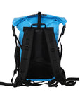 Rear view of the Cambridge Kayaks cooler dry bag with adjustable padded backpack straps, demonstrating the comfortable carrying design and waterproof build.