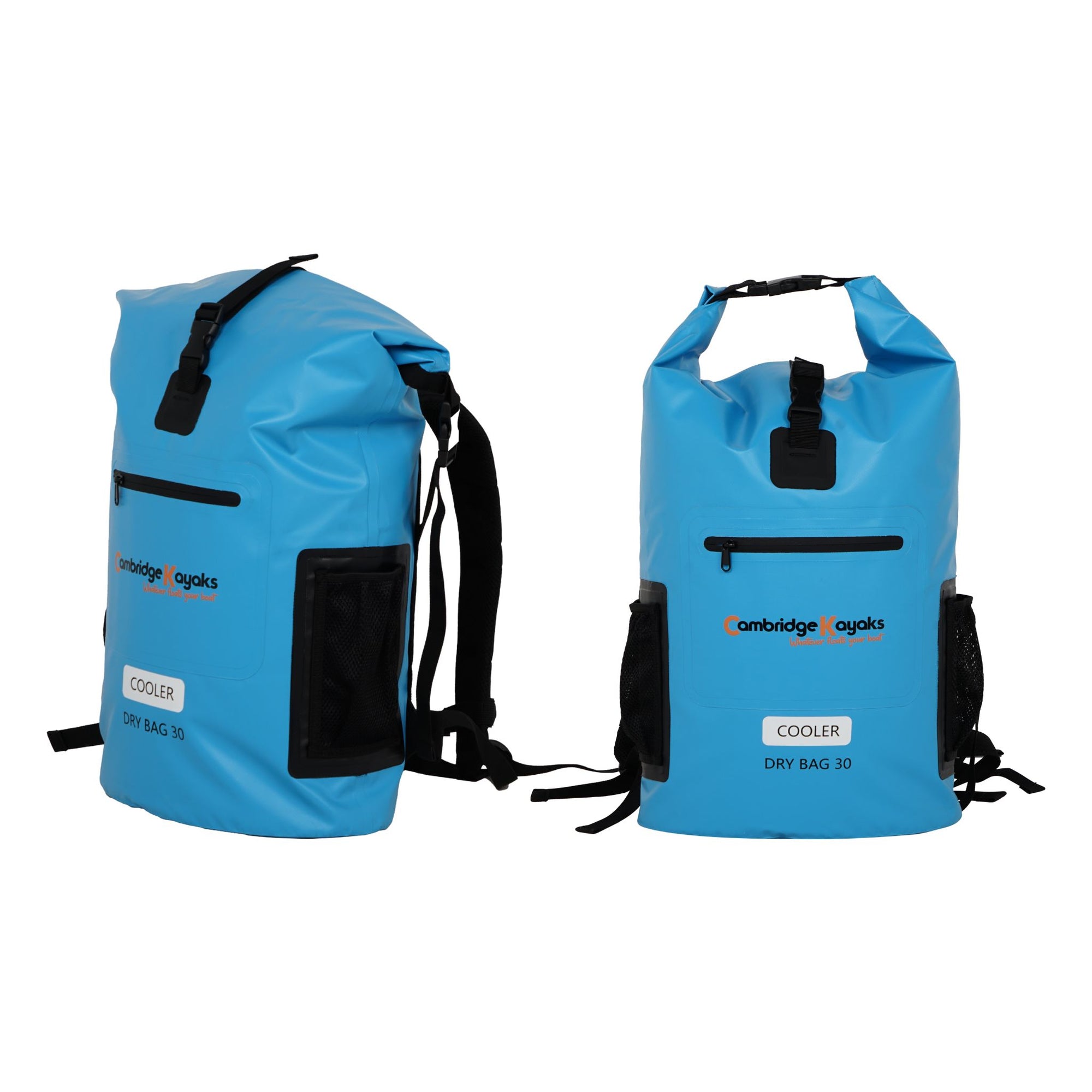 Front and side view of the Cambridge Kayaks blue waterproof cooler dry bag, featuring a roll-top closure, shoulder straps, and a front mesh pocket for secure waterproof storage.
