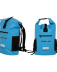 Front and side view of the Cambridge Kayaks blue waterproof cooler dry bag, featuring a roll-top closure, shoulder straps, and a front mesh pocket for secure waterproof storage.