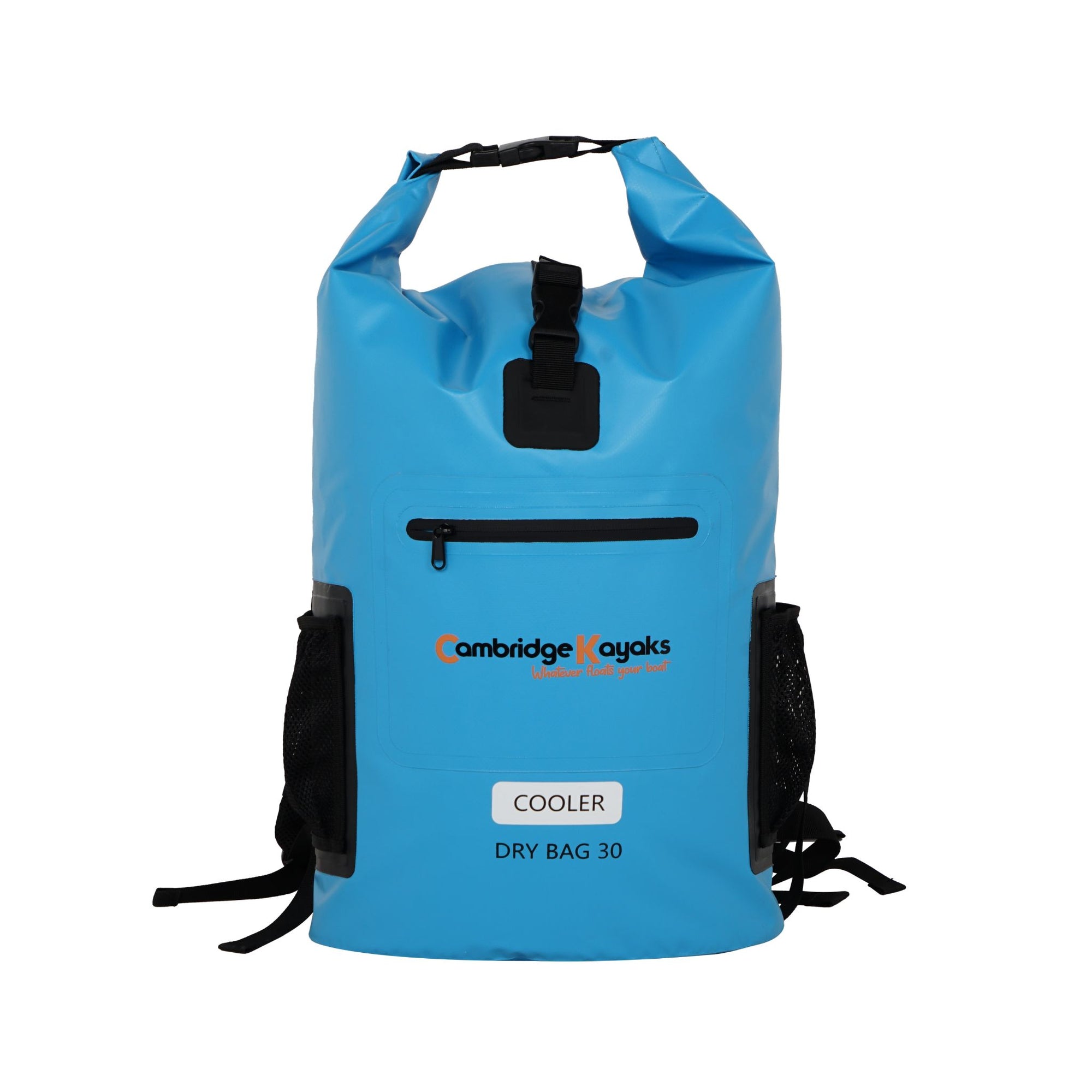 Front view of the Cambridge Kayaks blue waterproof cooler dry bag showing the logo, zip pocket, and roll-top fastening designed for water sports and outdoor storage.