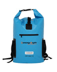 Front view of the Cambridge Kayaks blue waterproof cooler dry bag showing the logo, zip pocket, and roll-top fastening designed for water sports and outdoor storage.