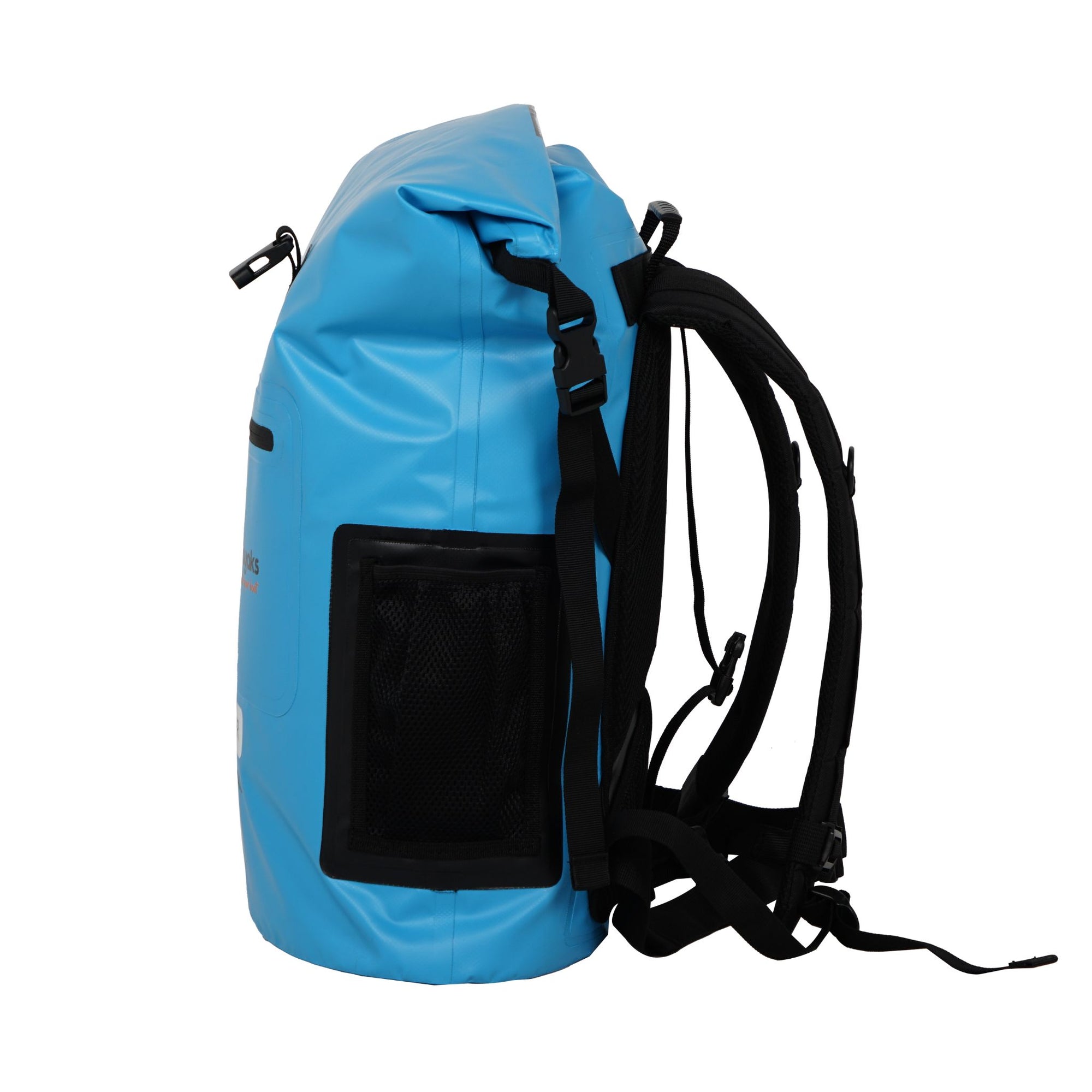 Angled side and back view of the Cambridge Kayaks waterproof cooler dry bag showing mesh pocket, handle, and roll-top fastening system for watertight performance.