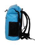Angled side and back view of the Cambridge Kayaks waterproof cooler dry bag showing mesh pocket, handle, and roll-top fastening system for watertight performance.