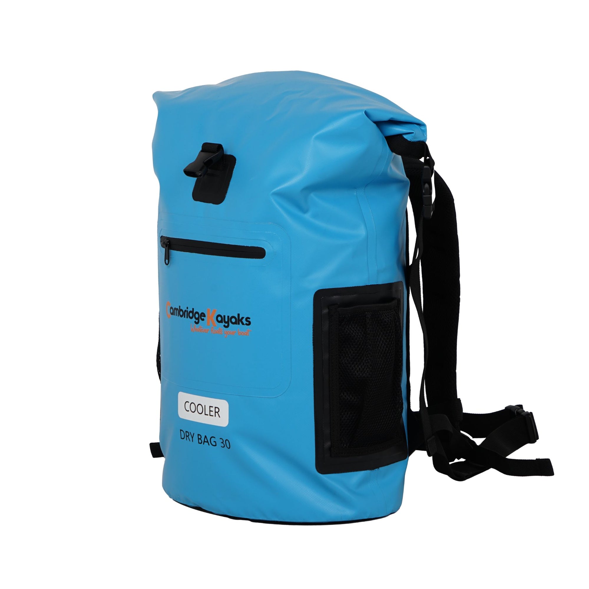 Side profile of the Cambridge Kayaks blue waterproof cooler dry bag showing the durable PVC material, reinforced seams, and watertight roll-top buckle system.