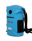 Side profile of the Cambridge Kayaks blue waterproof cooler dry bag showing the durable PVC material, reinforced seams, and watertight roll-top buckle system.