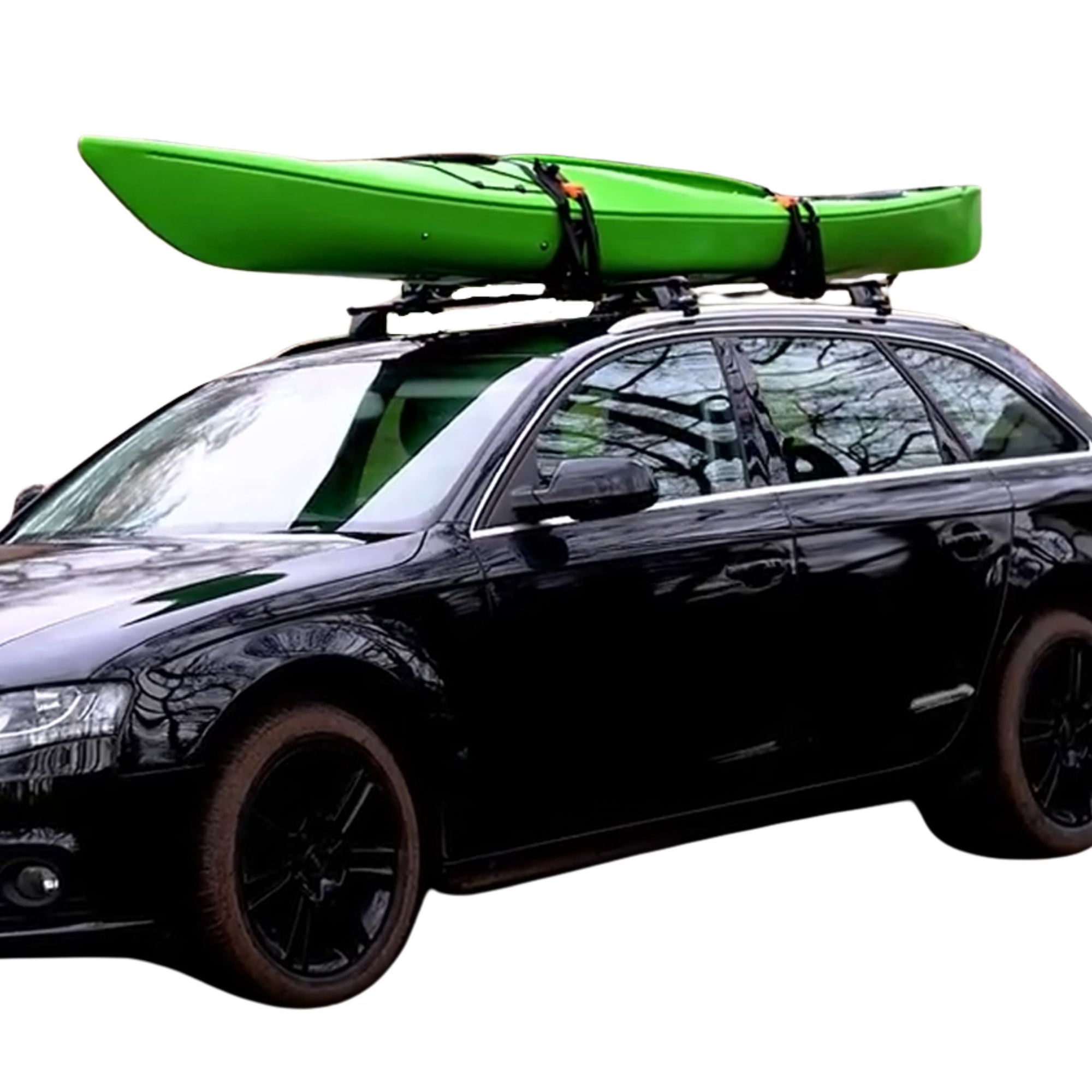 Front view of the Cambridge Kayaks Cradle Support carrying a green kayak on a vehicle roof, highlighting the aerodynamic and stable setup.