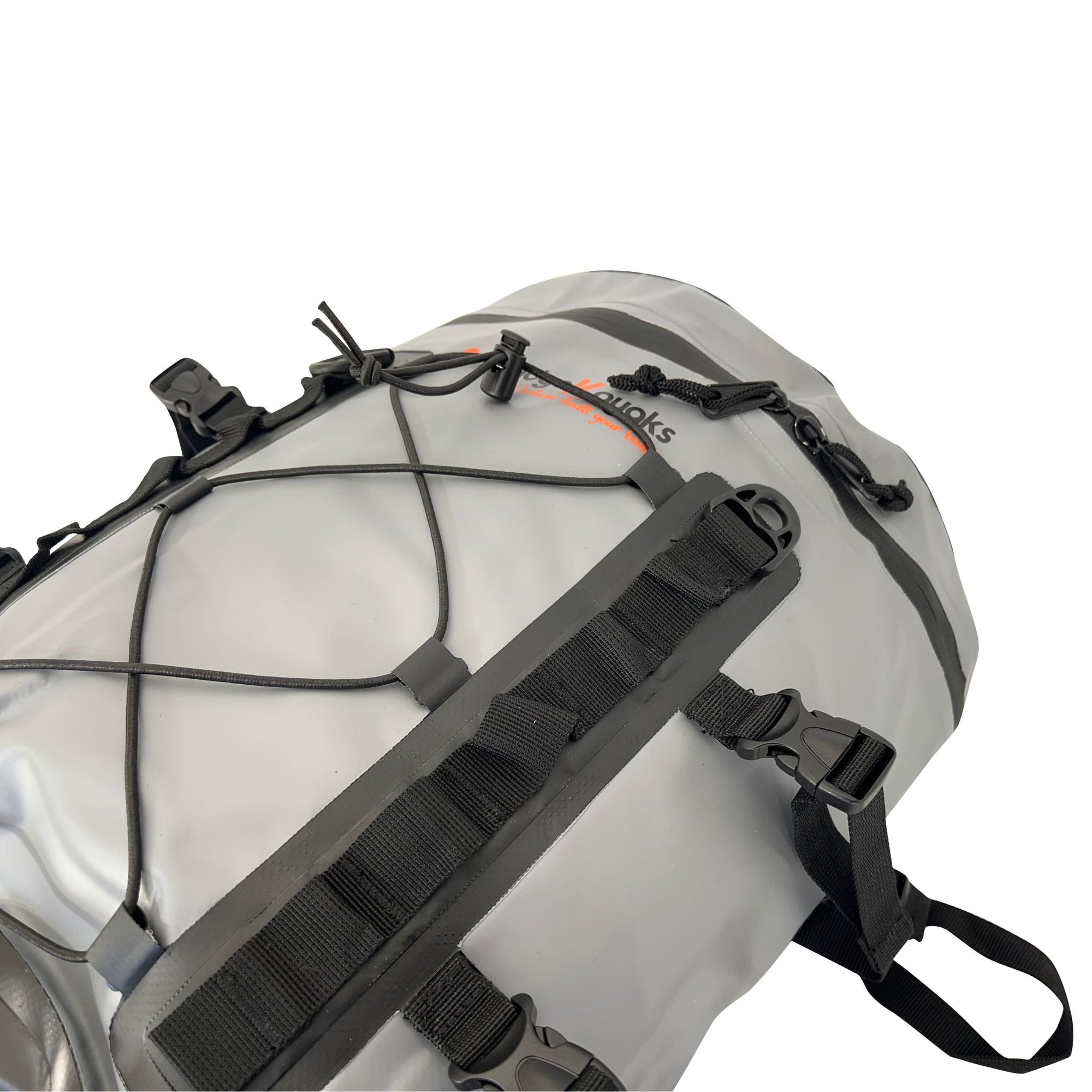 Angled view of the Cambridge Kayaks 15L waterproof dry deck bag highlighting the side compression straps, reinforced clips, and secure roll-top design.
