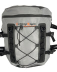 Front view of the Cambridge Kayaks Deluxe 15L Dry Deck Bag in grey, featuring waterproof welded seams, adjustable straps, and an elastic bungee cord storage system.