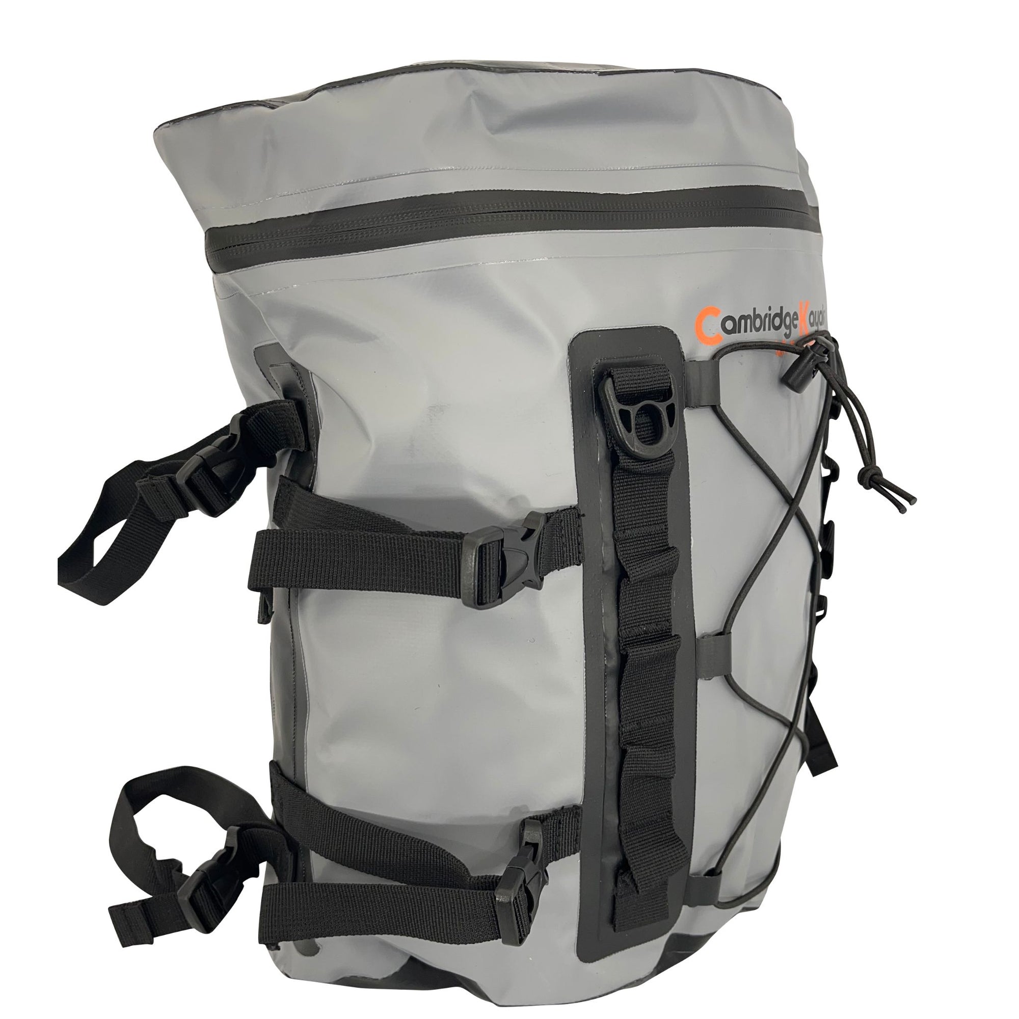 Side profile of the Cambridge Kayaks Deluxe 15L waterproof dry deck bag showing the heavy-duty clips, reinforced handle, and durable PVC tarpaulin material.