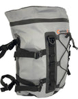 Side profile of the Cambridge Kayaks Deluxe 15L waterproof dry deck bag showing the heavy-duty clips, reinforced handle, and durable PVC tarpaulin material.