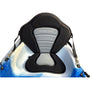Cambridge Kayaks Deluxe Padded Kayak Seat with high backrest, shown installed on a blue sit-on-top kayak for comfort and lumbar support.